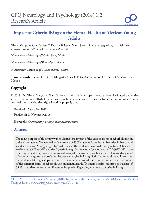 (PDF) Impact of Cyberbullying on the Mental Health of Mexican Young Adults