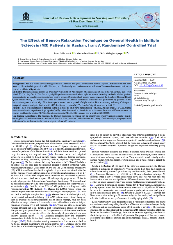 (PDF) The Effect of Benson Relaxation Technique on General Health in ...