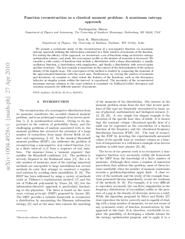 (PDF) Function reconstruction as a classical moment problem: a maximum ...