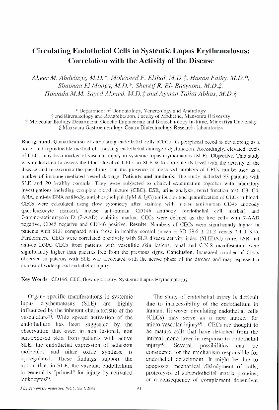 (PDF) Circulating Endothelial Cells in Systemic Lupus Erythematosus ...