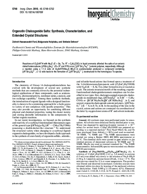 (PDF) Organotin Chalcogenide Salts: Synthesis, Characterization, and ...