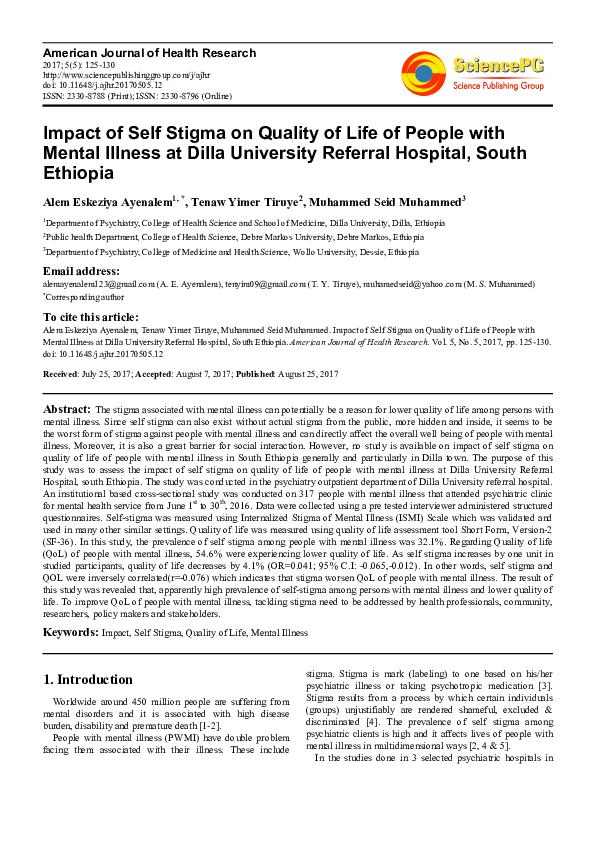 (PDF) Impact of Self Stigma on Quality of Life of People with Mental ...