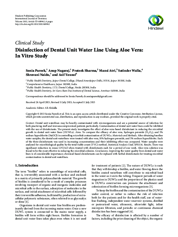 (PDF) Disinfection of Dental Unit Water Line Using Aloe Vera In Vitro