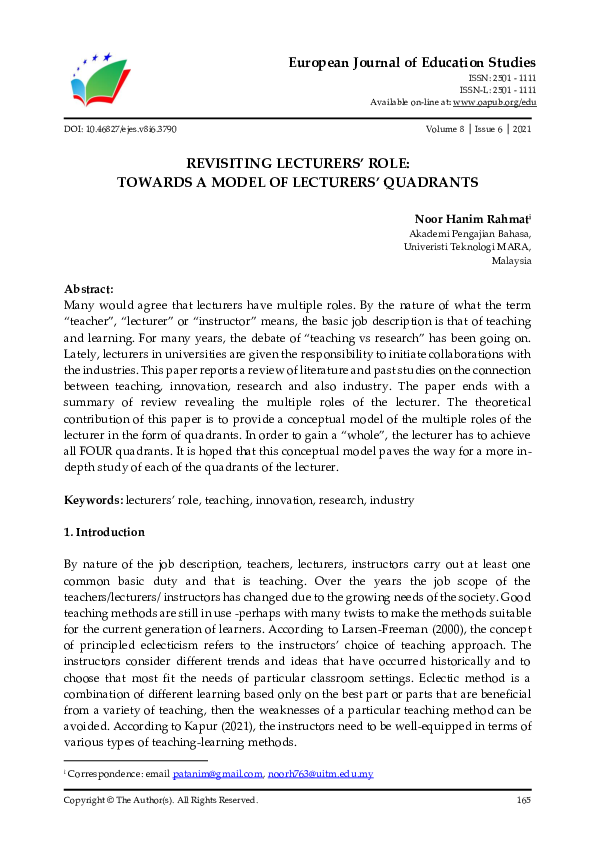 (PDF) REVISITING LECTURERS’ ROLE: TOWARDS A MODEL OF LECTURERS’ QUADRANTS