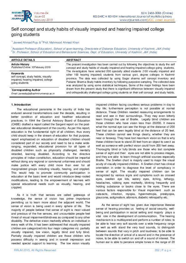 (PDF) Self concept and study habits of visually impaired and hearing ...