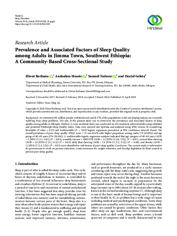 (PDF) Prevalence and Associated Factors of Sleep Quality among Adults ...