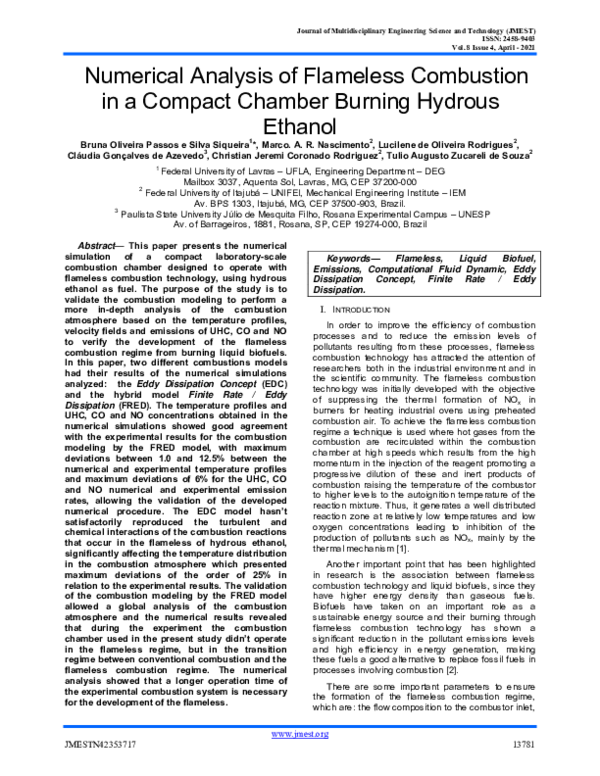 (PDF) Numerical Analysis of Flameless Combustion in a Compact Chamber ...