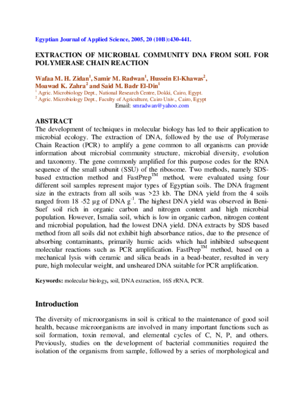 (PDF) Extraction of Microbial Community DNA from Soil for Polymerase ...