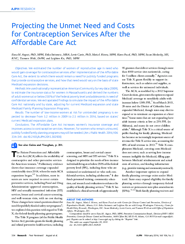 Projecting the Unmet Need and Costs for Contraception Services After the Affordable Care Act
