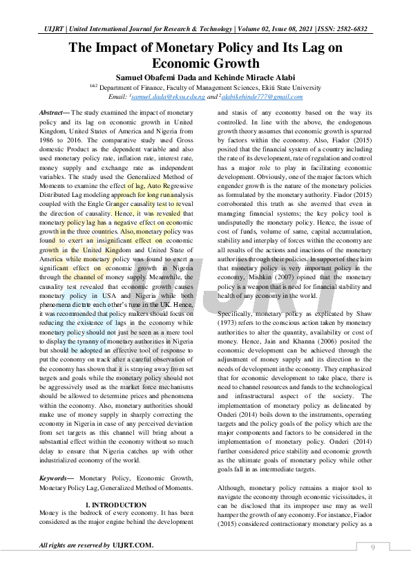 (PDF) The Impact of Monetary Policy and Its Lag on Economic Growth