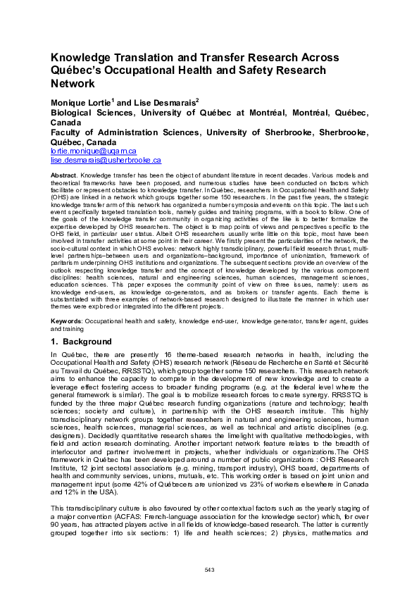(PDF) Knowledge Translation and Transfer Research Across Québec's ...