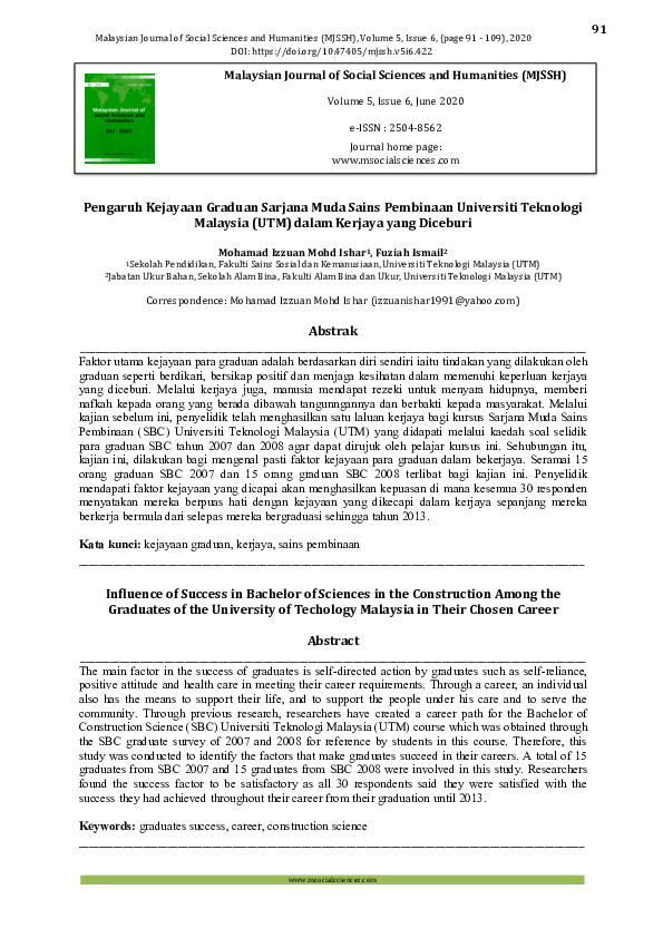 Pdf Pengaruh Kejayaan Graduan Sarjana Muda Sains Pembinaan Universiti Teknologi Malaysia Utm Dalam Kerjaya Yang Diceburi Izzuan Ishar Academia Edu