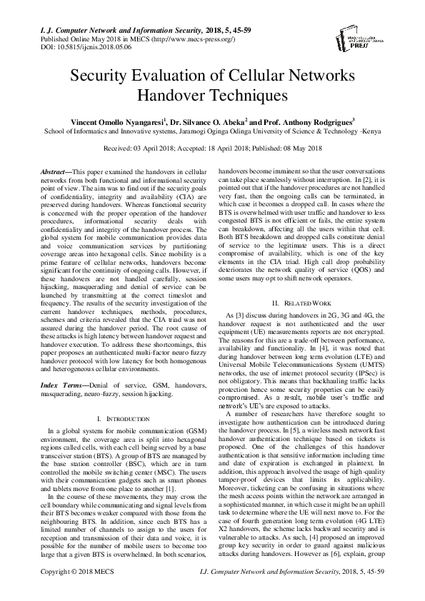 (PDF) Security Evaluation of Cellular Networks Handover Techniques