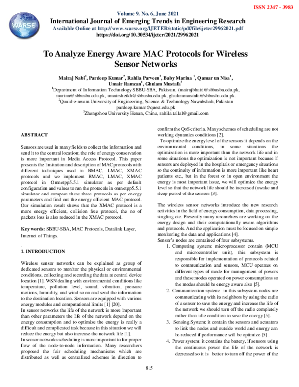(PDF) To Analyze Energy Aware MAC Protocols for Wireless Sensor Networks