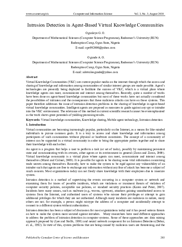(PDF) Intrusion Detection in Agent-Based Virtual Knowledge Communities