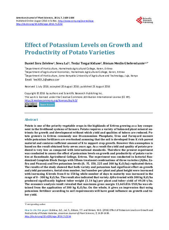 (PDF) Effect of Potassium Levels on Growth and Productivity of Potato ...