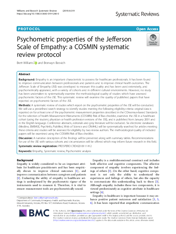 (PDF) Psychometric properties of the Jefferson Scale of Empathy: a ...
