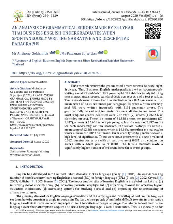 (PDF) AN ANALYSIS OF GRAMMATICAL ERRORS MADE BY 3rd-YEAR THAI BUSINESS ...