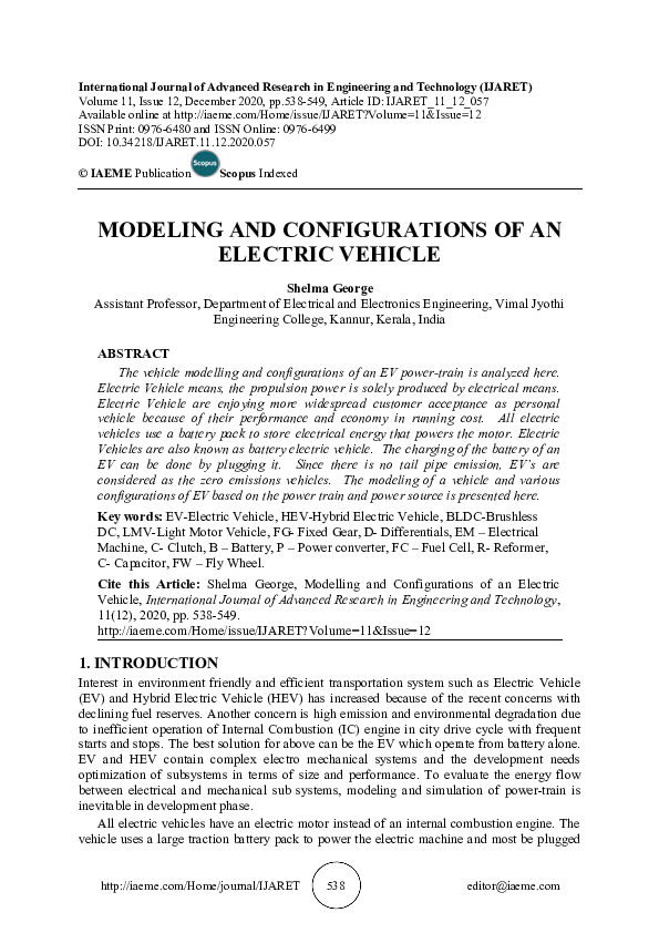 (PDF) MODELING AND CONFIGURATIONS OF AN ELECTRIC VEHICLE