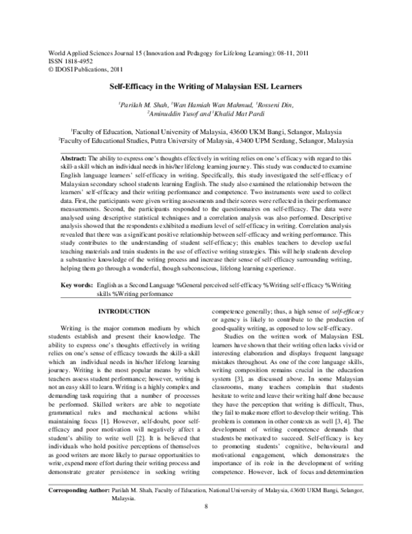 (PDF) Self-Efficacy in the Writing of Malaysian ESL Learners