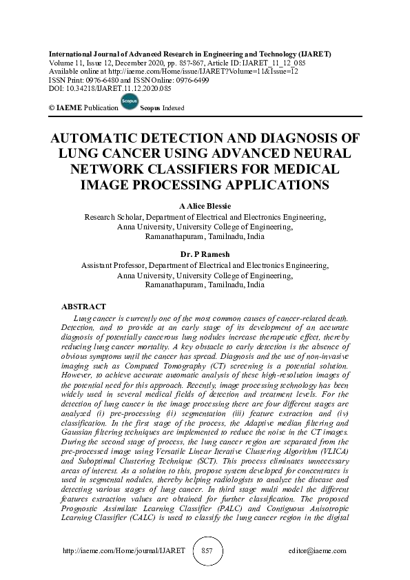 (PDF) AUTOMATIC DETECTION AND DIAGNOSIS OF LUNG CANCER USING ADVANCED ...