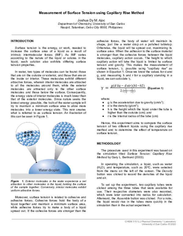 (PDF) Measurement of Surface Tension using Capillary Rise Method