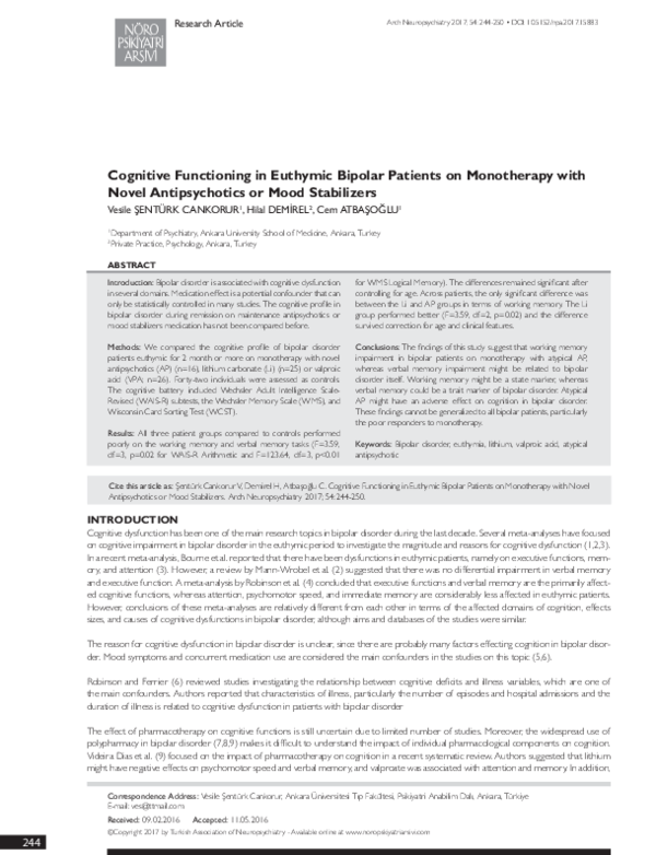 (PDF) Cognitive Functioning in Euthymic Bipolar Patients on Monotherapy ...