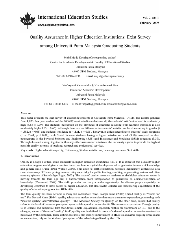 (PDF) Quality Assurance in Higher Education Institutions: Exist Survey ...