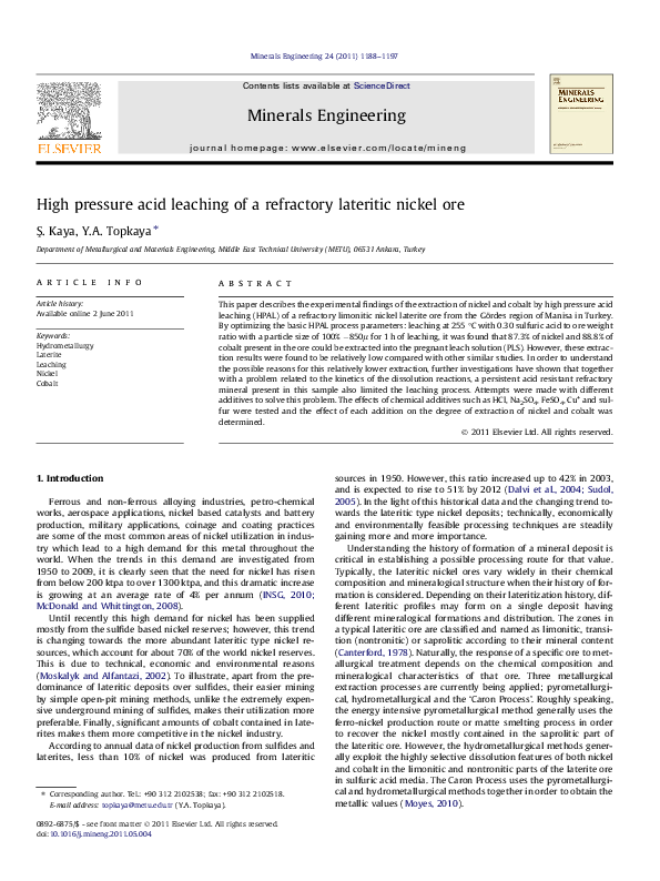 (PDF) High pressure acid leaching of a refractory lateritic nickel ore