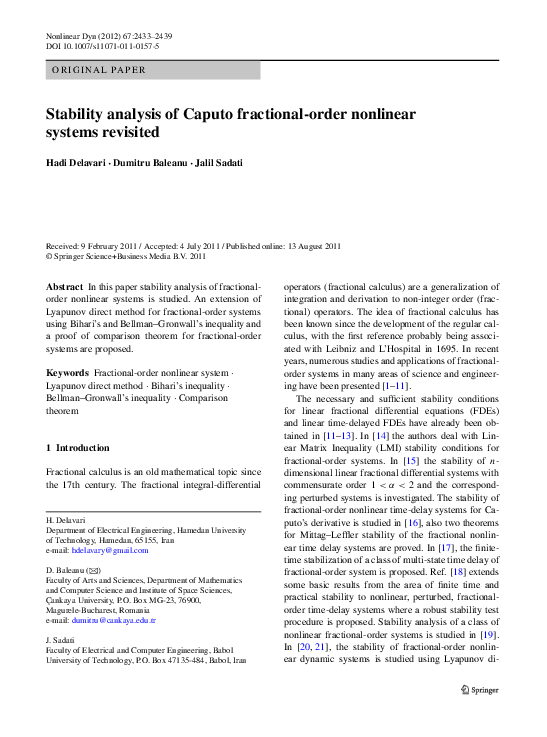 (PDF) Stability analysis of Caputo fractional-order nonlinear systems ...