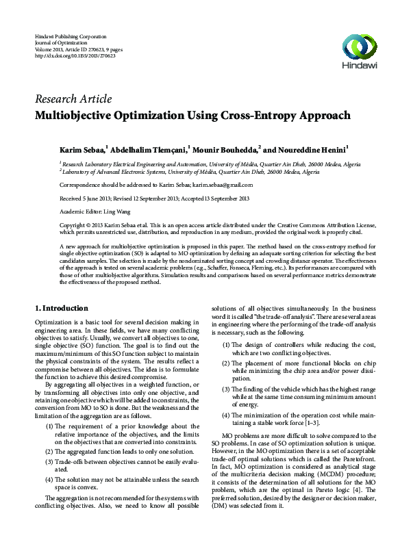 (PDF) Multiobjective Optimization Using Cross-Entropy Approach