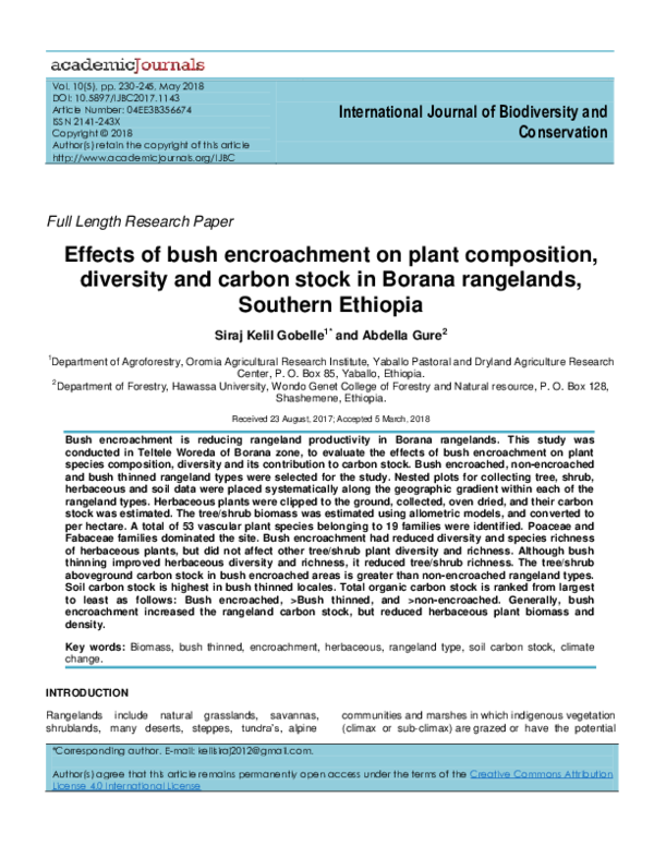 (PDF) Effects of bush encroachment on plant composition, diversity and carbon stock in Borana