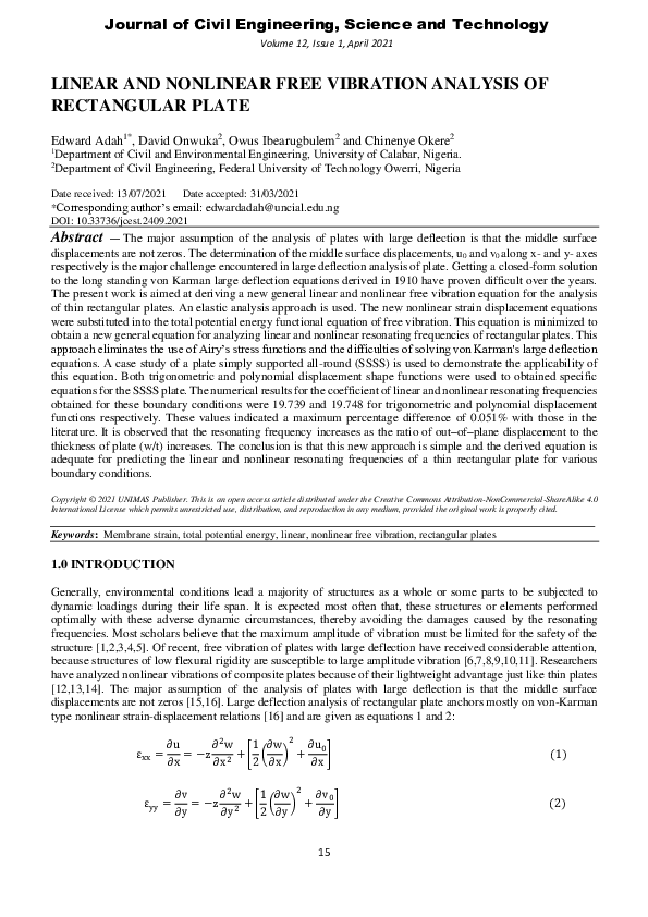 (PDF) LINEAR AND NONLINEAR FREE VIBRATION ANALYSIS OF RECTANGULAR PLATE