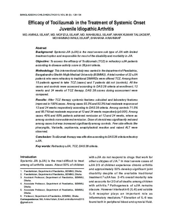 (PDF) Efficacy of Tocilizumab in the Treatment of Systemic Onset ...