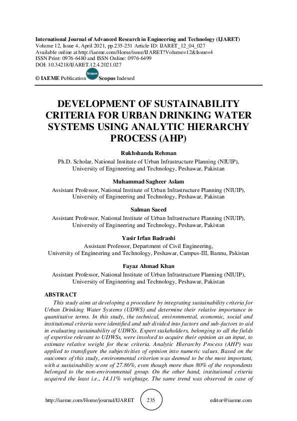 (PDF) DEVELOPMENT OF SUSTAINABILITY CRITERIA FOR URBAN DRINKING WATER ...