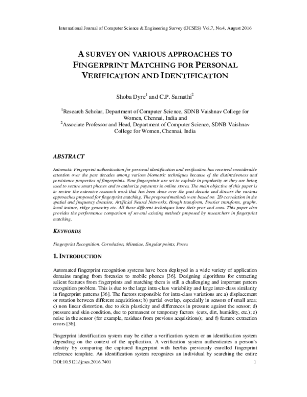 (PDF) A Survey on Various Approaches to Fingerprint Matching for ...