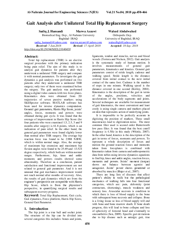 (PDF) Gait Analysis after Unilateral Total Hip Replacement Surgery