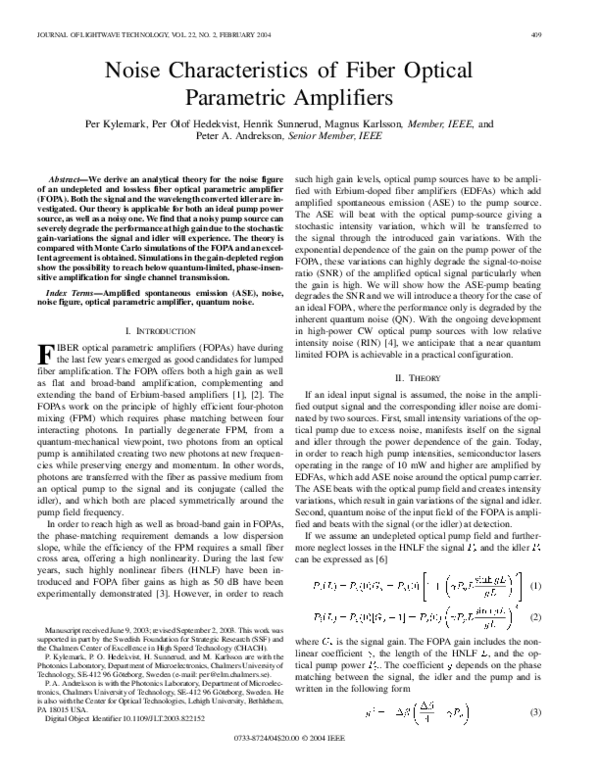 (PDF) Noise Characteristics of Fiber Optical Parametric Amplifiers