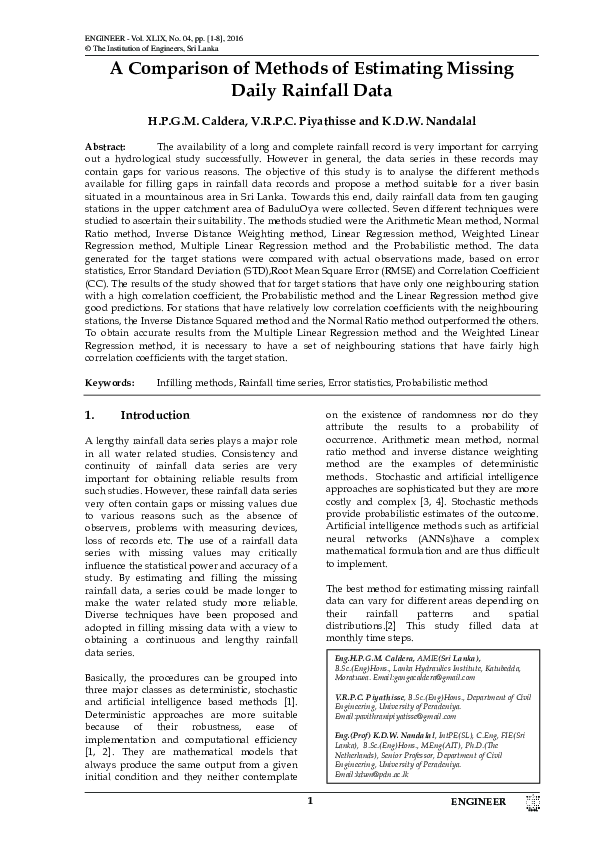 (PDF) A Comparison of Methods of Estimating Missing Daily Rainfall Data
