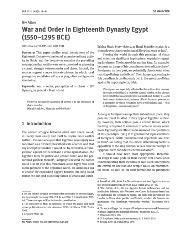 (PDF) War and Order in Eighteenth Dynasty Egypt (1550‒1295 BCE)