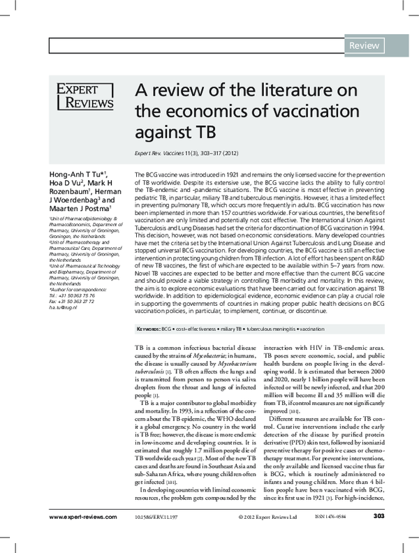 (PDF) A review of the literature on the economics of vaccination against TB