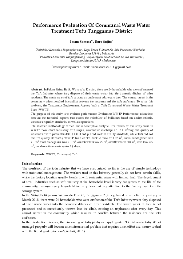 (PDF) Performance Evaluation Of Communal Waste Water Treatment Tofu ...