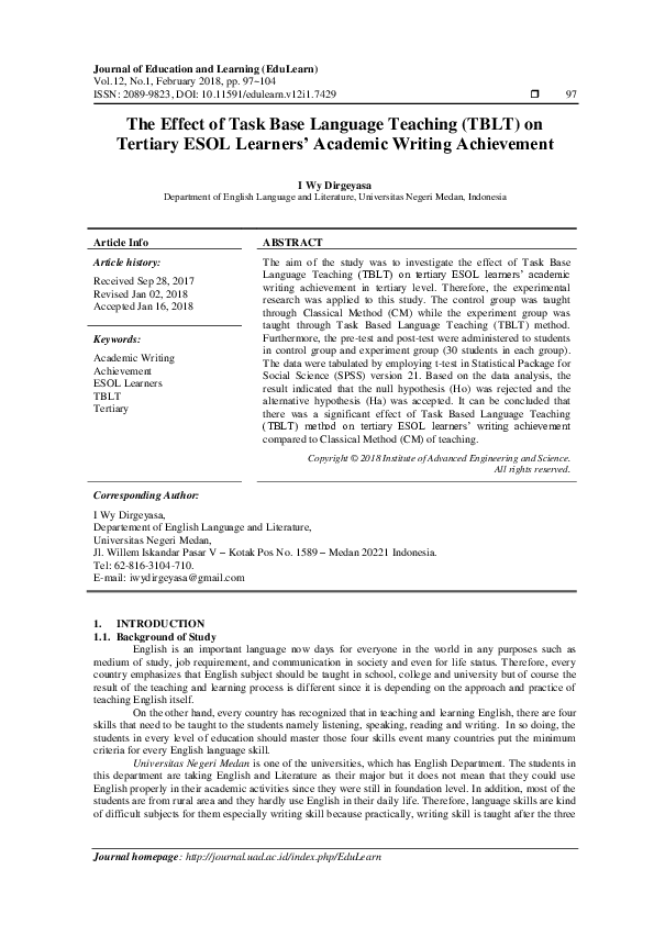 (PDF) The Effect of Task Base Language Teaching (TBLT) on Tertiary ESOL ...