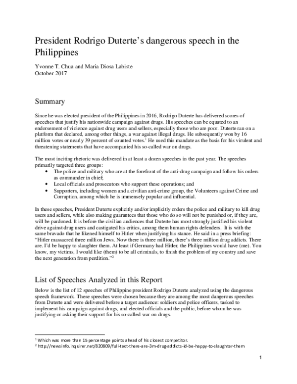 (PDF) President Rodrigo Duterte's dangerous speech in the Philippines