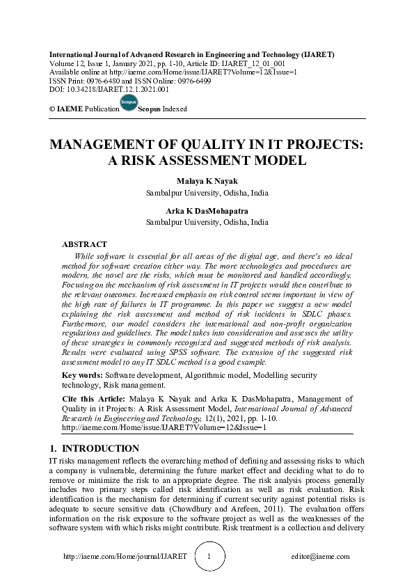(PDF) MANAGEMENT OF QUALITY IN IT PROJECTS: A RISK ASSESSMENT MODEL