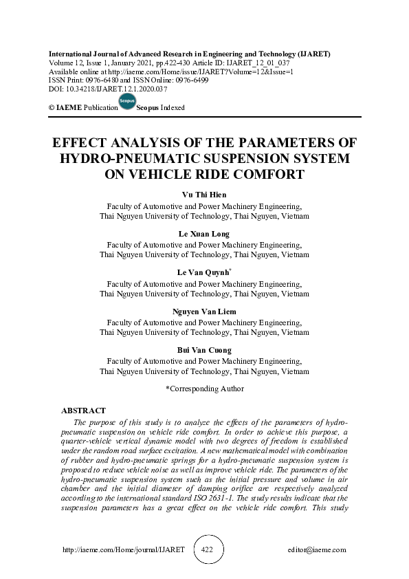 (PDF) EFFECT ANALYSIS OF THE PARAMETERS OF HYDRO-PNEUMATIC SUSPENSION ...