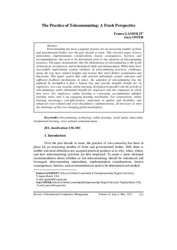 (PDF) The Practice of Telecommuting: A Fresh Perspective
