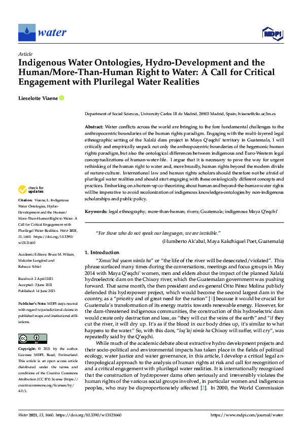 (PDF) Indigenous Water Ontologies, Hydro-Development and the Human/More ...