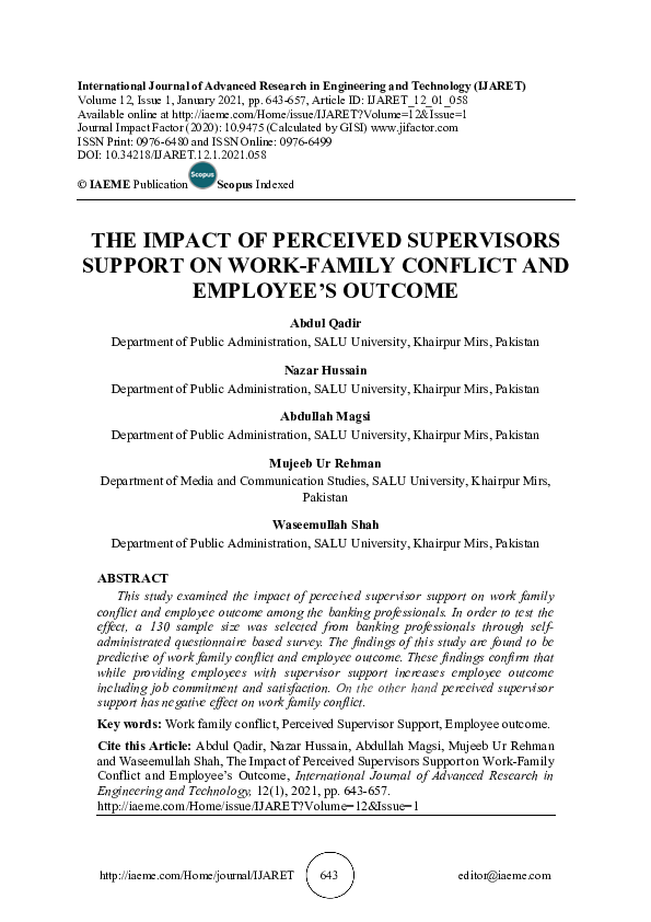 (PDF) THE IMPACT OF PERCEIVED SUPERVISORS SUPPORT ON WORK-FAMILY ...