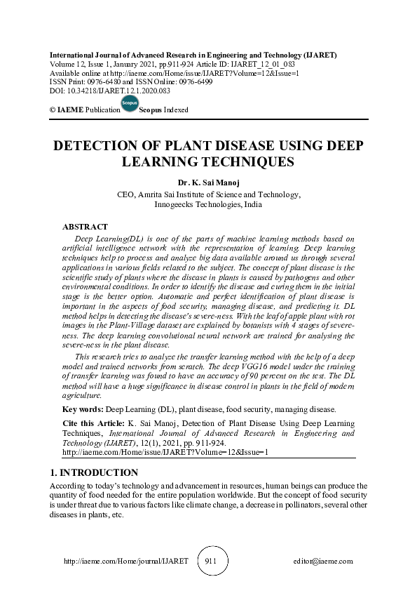 (PDF) DETECTION OF PLANT DISEASE USING DEEP LEARNING TECHNIQUES